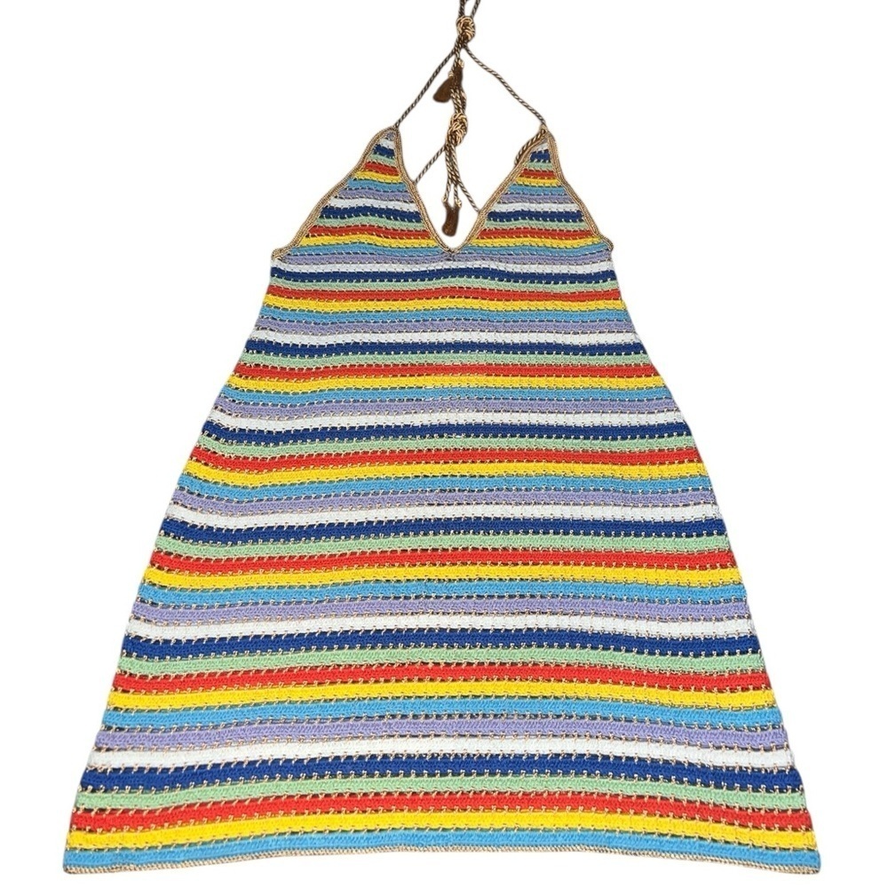 NWT My Beachy Side Sabrina Hand-Crocheted Halter Mini Dress Sweater Stripe Small